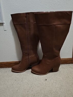 Brown Faux Leather Knee-High Heeled Boots